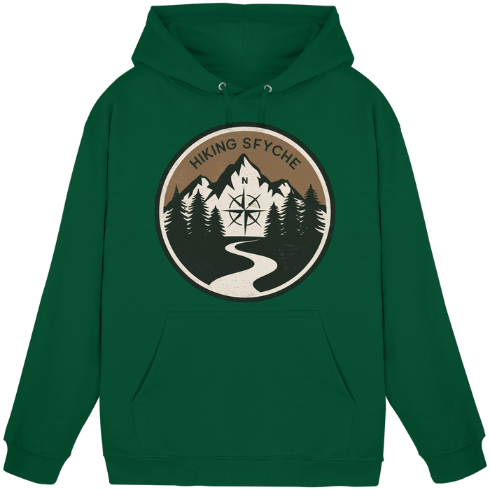 Unisex Bottle Green Trail Crest Hoodie by Arvenzo, front view showing a casual hoodie with a simple design.