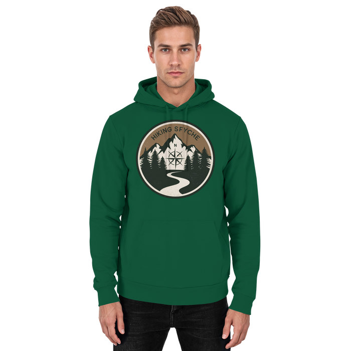 Front view of Arvenzo Trail Crest hoodie in bottle green, unisex design with a casual fit and minimalist style.
