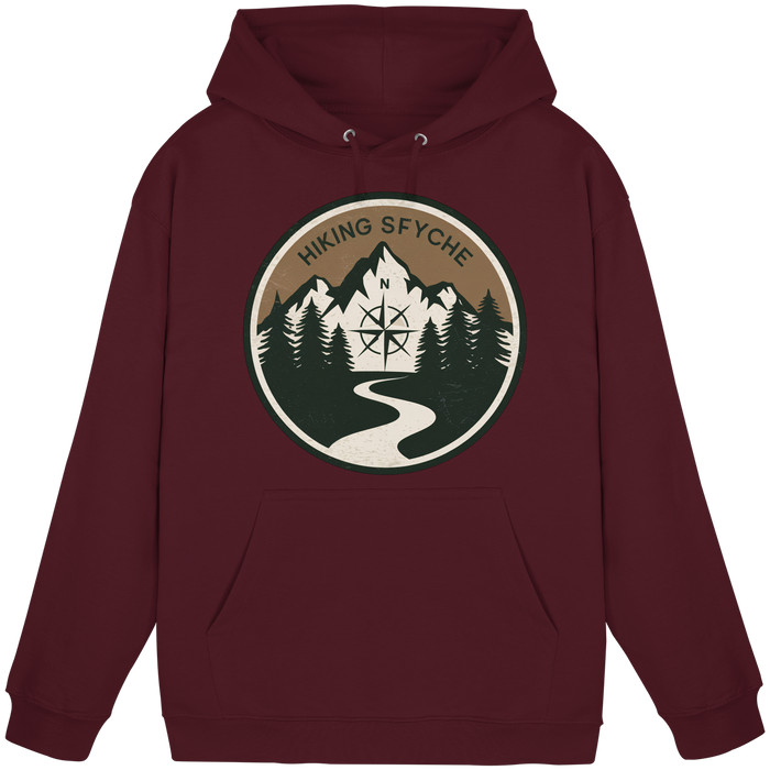 Front view of burgundy Arvenzo Trail Crest unisex hoodie with a simple design and relaxed fit.