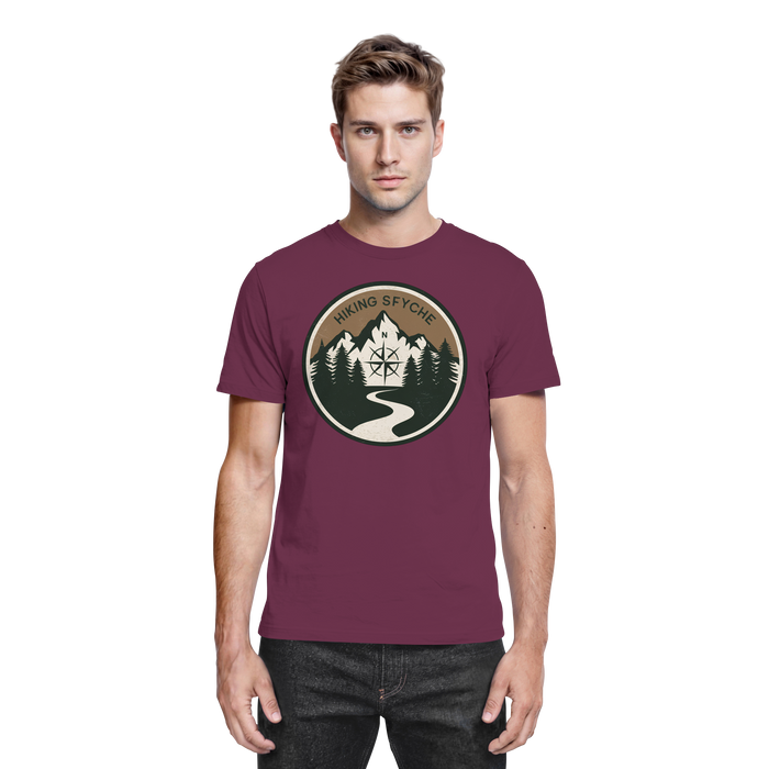 Front view of Arvenzo Trail Crest unisex shirt in burgundy, featuring a classic crew neck and clean design.