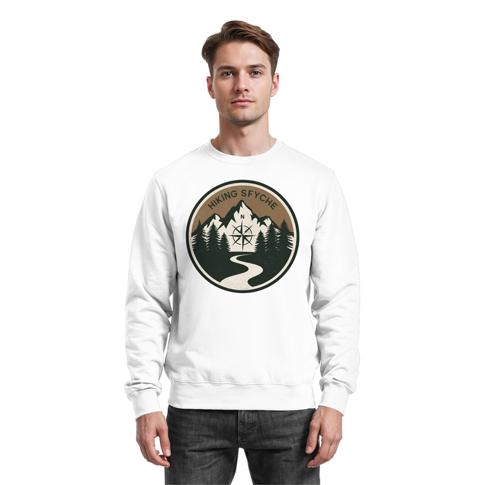 Arvenzo Trail Crest sweatshirt in Arctic White, front view showing classic crewneck design and soft fabric texture.