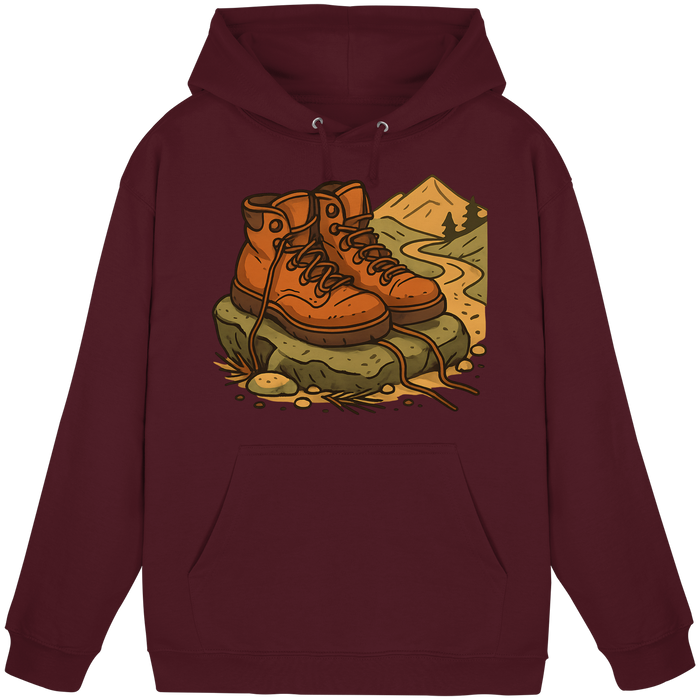 Front view of burgundy Arvenzo Trail Rest hoodie, unisex design with a casual fit and soft fabric, showcasing a comfortable hoodie style.