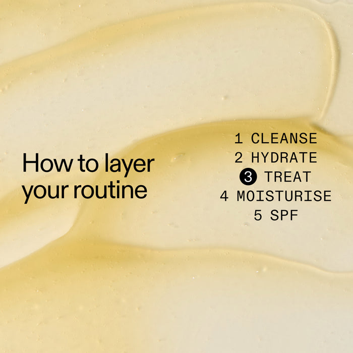 Skin texture with text overlay on how to layer Tranexamic Acid Serum in a skincare routine.