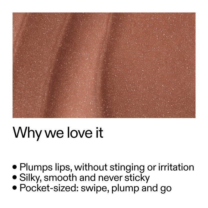 Tripeptide Plumping Mocha Brown Lip Balm and text listing features on a white background