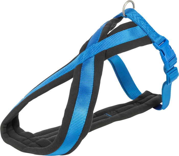 Trixie Premium Touring Harness in blue, front view showing fleece-padded chest strap