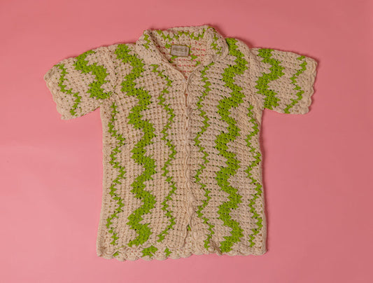TROPICAL PUNCH Crochet Button-Down-Green/White