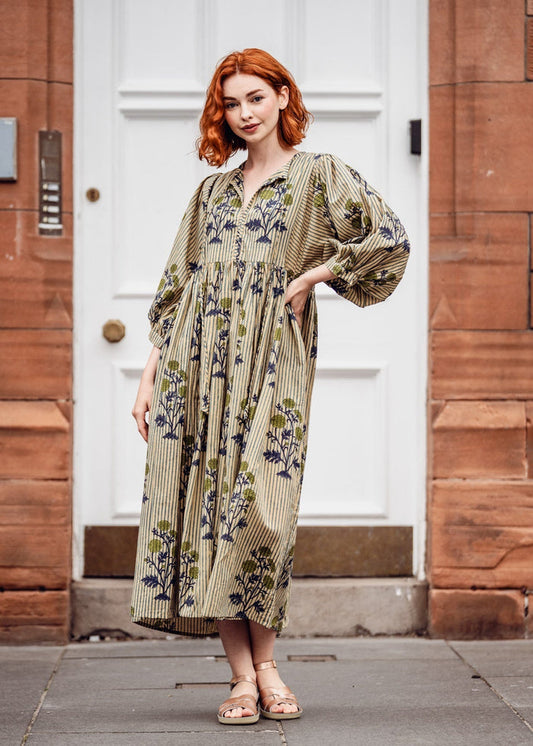 Twinflower Roberta Dress in Blue Floral Stripe - Precious Sparkle