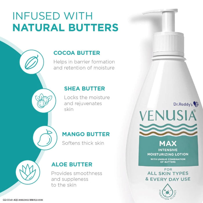 VENUSIA Dr. Reddy's Max Intensive Moisturizing Lotion, 300g & Moisturizing Bathing Bar, Syndet Bar, 75g For All Skin Types, Repairs Dry, Soft & Smooth, Moisturized & Hydrated Skin (Combo)
