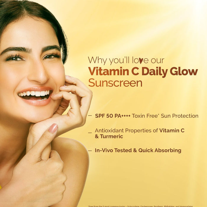 Vitamin C Daily Glow Sunscreen benefits with model