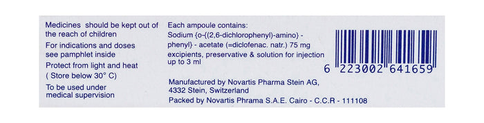 Voltaren 75mg/3ml Diclofenac Natrium Anti-Inflammatory, Antirheumatic & Analgesic Ampoules, 3x3ml - Makkah Pharmacy