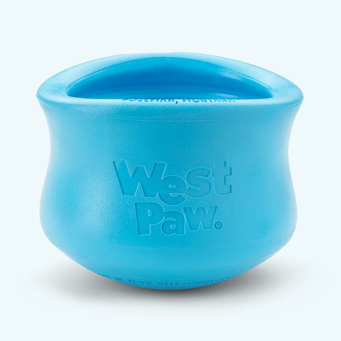 West Paw Toppl treat toy in aqua blue, front view