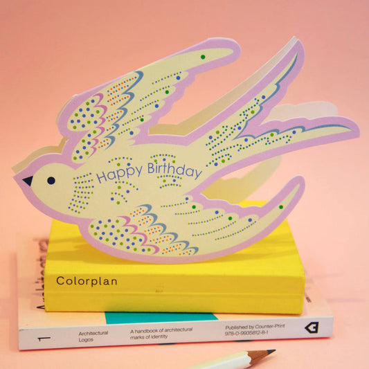 Whimsical Rocking Bird Happy Birthday - Lilac Die Cut Card - Precious Sparkle