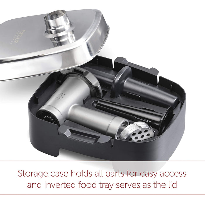 Wolf Gourmet High Performance Stand Mixer Food Grinder Attachment in storage case and description about case displayed on a white background