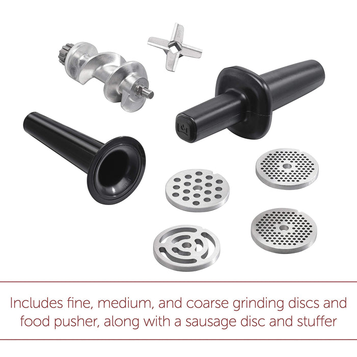 Wolf Gourmet High Performance Stand Mixer Food Grinder Attachments and description of each attachment displayed on a white background