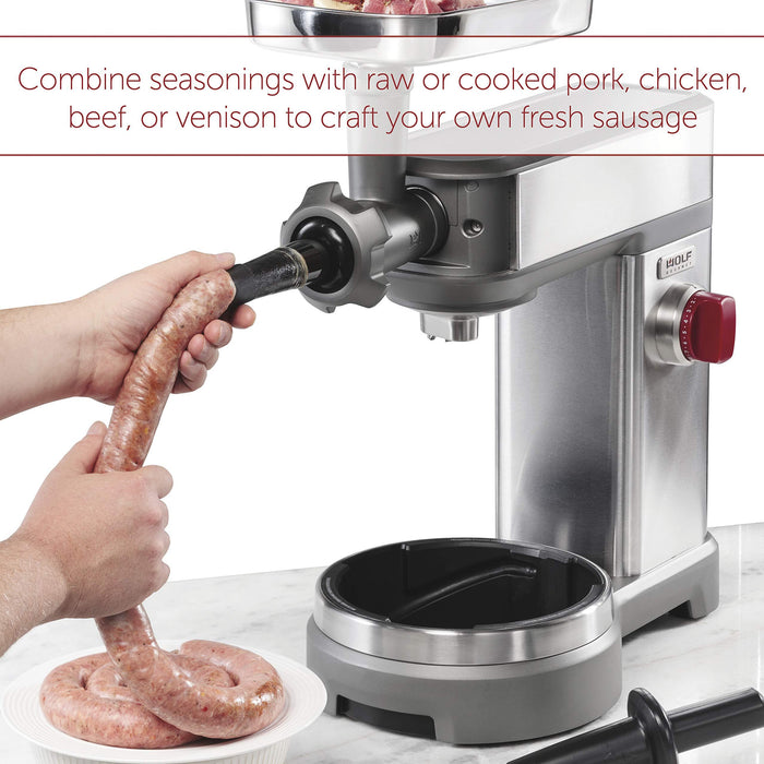 Someone making sausages with Wolf Gourmet High Performance Stand Mixer Food Grinder Attachment and description of sausage making