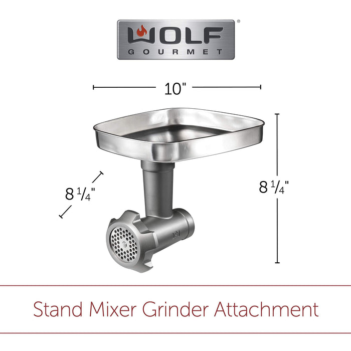 Wolf Gourmet High Performance Stand Mixer Food Grinder Attachment with dimensions and Wolf Gourmet logo displayed on a white background