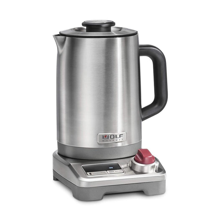 Wolf Gourmet True Temperature Electric Kettle, 1.5 Liter Capacity with red knob displayed on a white background