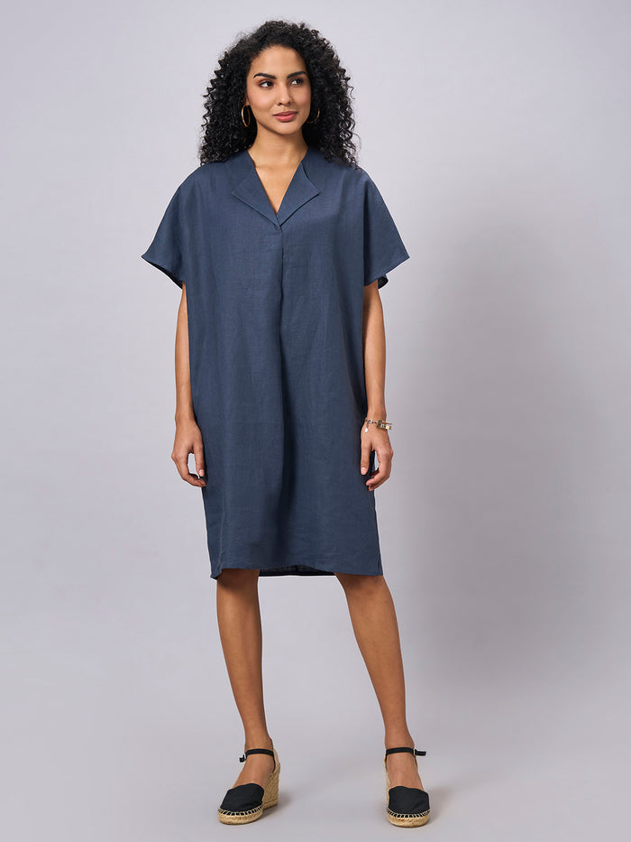 Women's 100% Linen Boxy Fit Dress Blue
