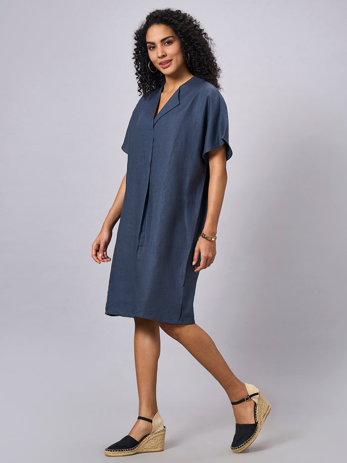 Women's 100% Linen Boxy Fit Dress Blue