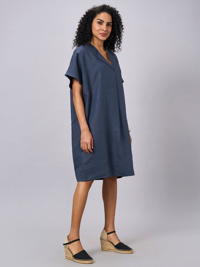 Women's 100% Linen Boxy Fit Dress Blue