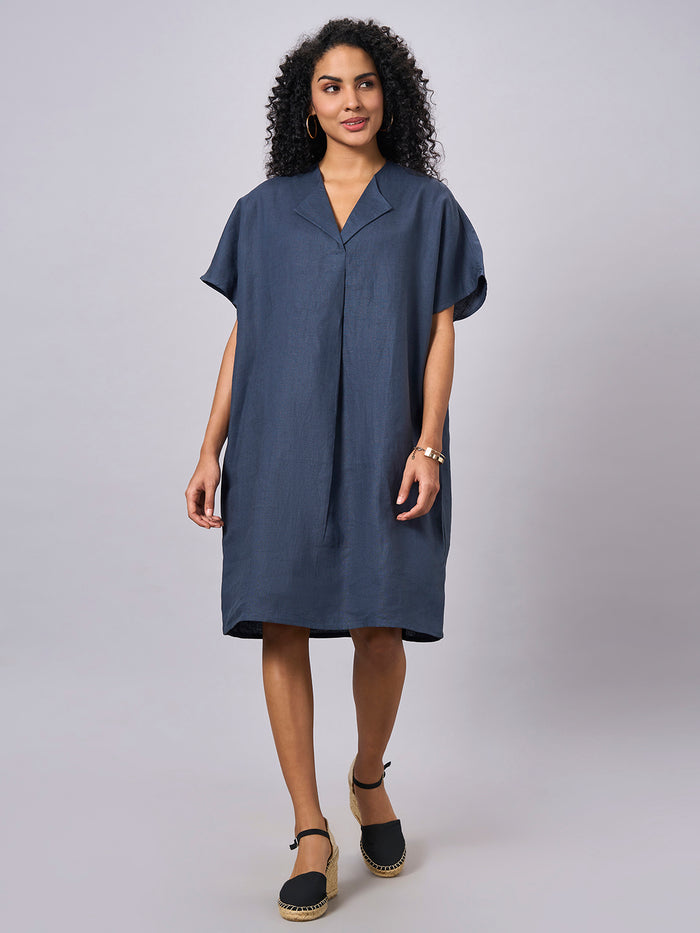 Women's 100% Linen Boxy Fit Dress Blue