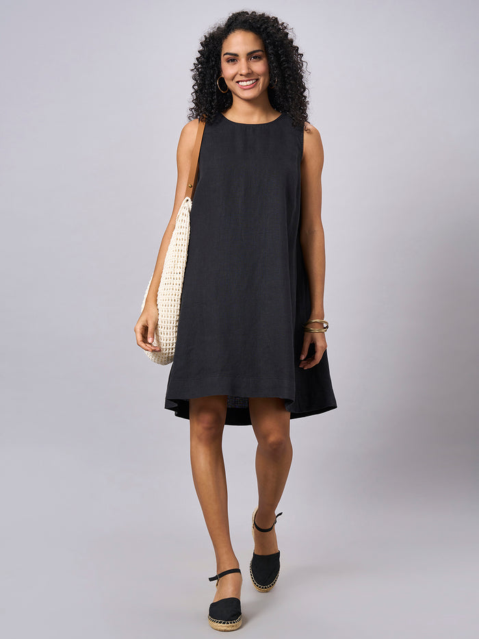 Women's 100% Linen Regular Fit Dress Black