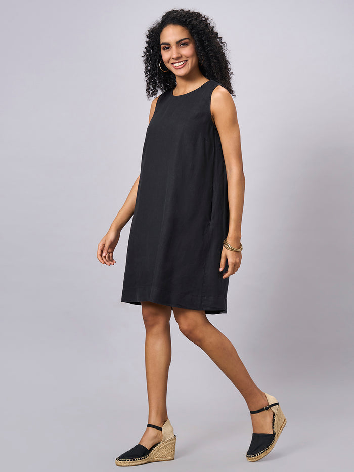 Women's 100% Linen Regular Fit Dress Black