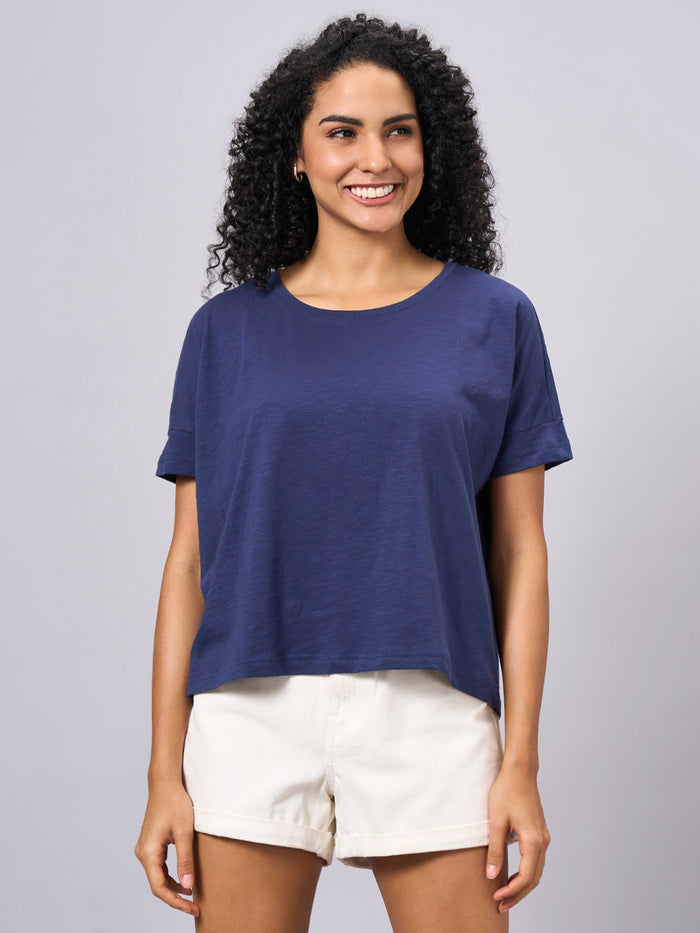 Women's 100% Organic Cotton Regular Fit Boxy Crew Neck T-Shirt Navy