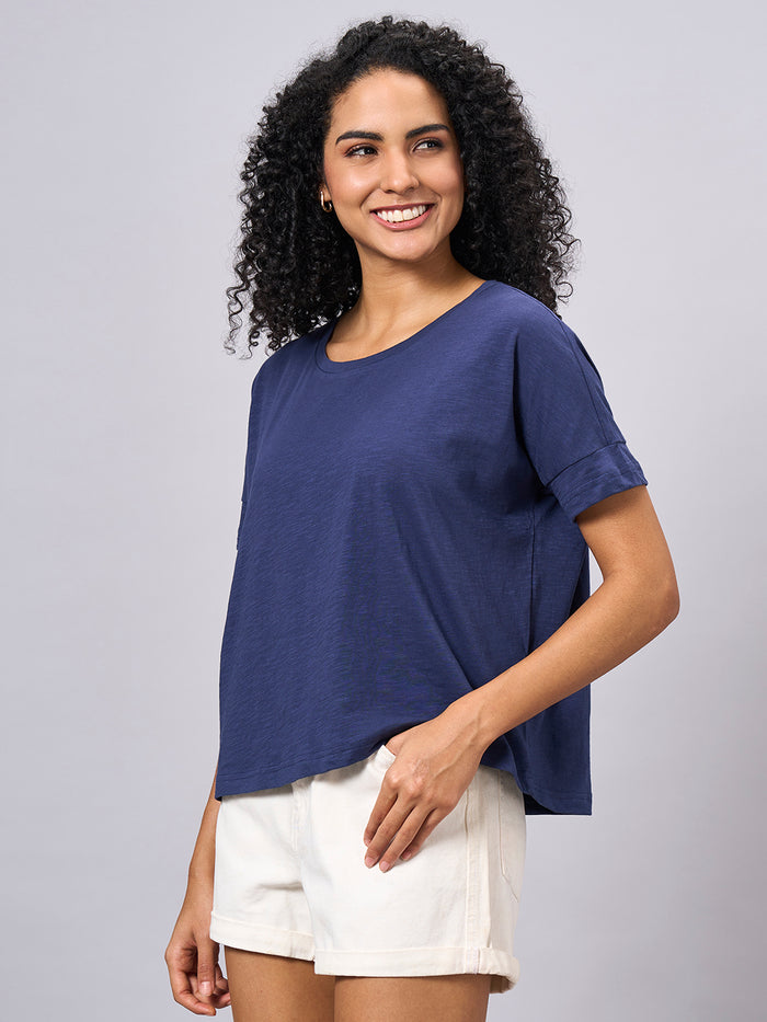 Women's 100% Organic Cotton Regular Fit Boxy Crew Neck T-Shirt Navy