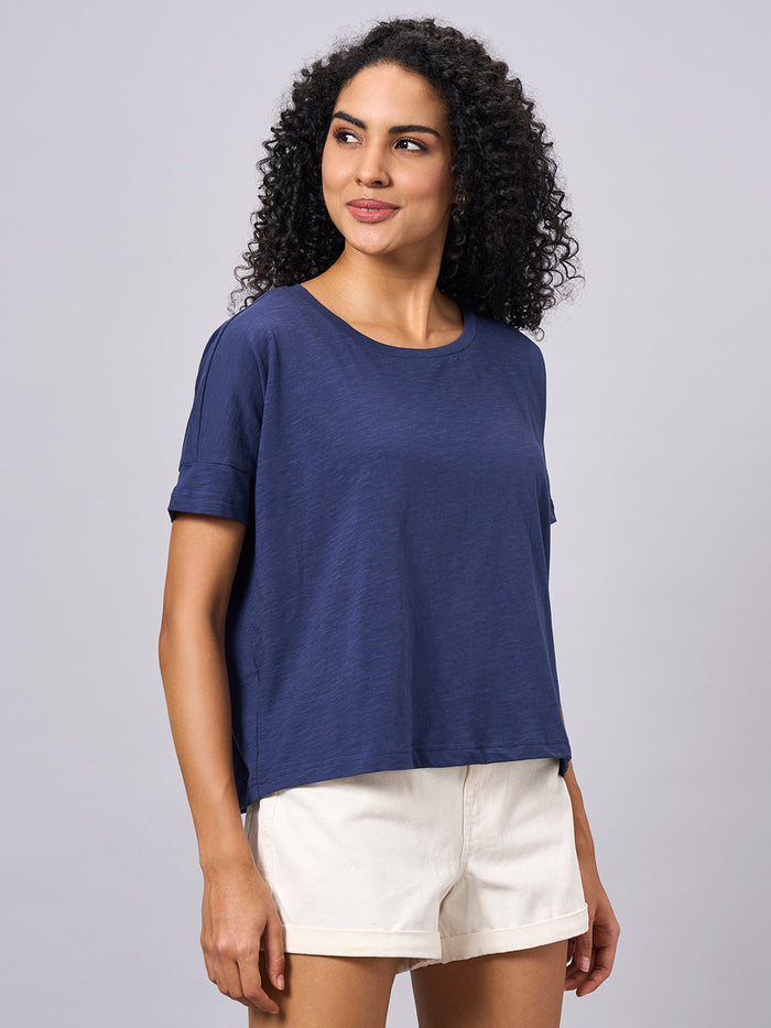 Women's 100% Organic Cotton Regular Fit Boxy Crew Neck T-Shirt Navy