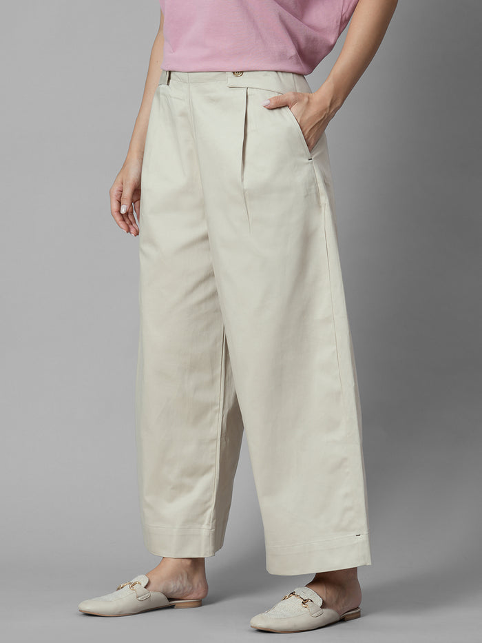 Women's Beige Cotton Lycra Regular Fit Pant