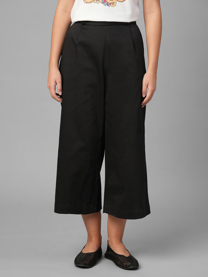 Women's Black Cotton Lycra Regular Fit Culotte