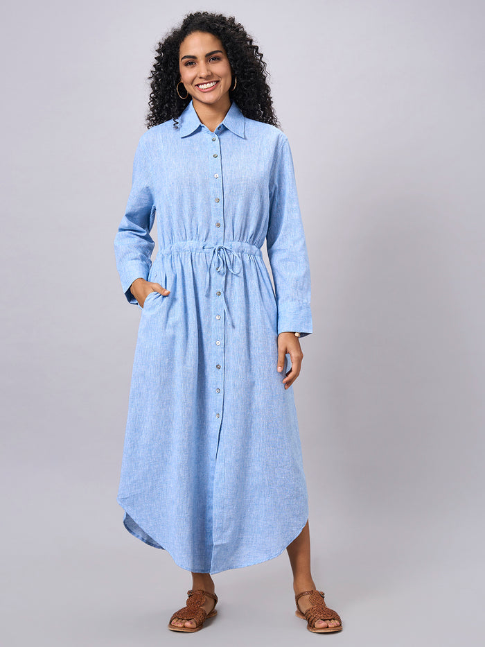 Women's Cotton Linen Regular Fit Dress Blue