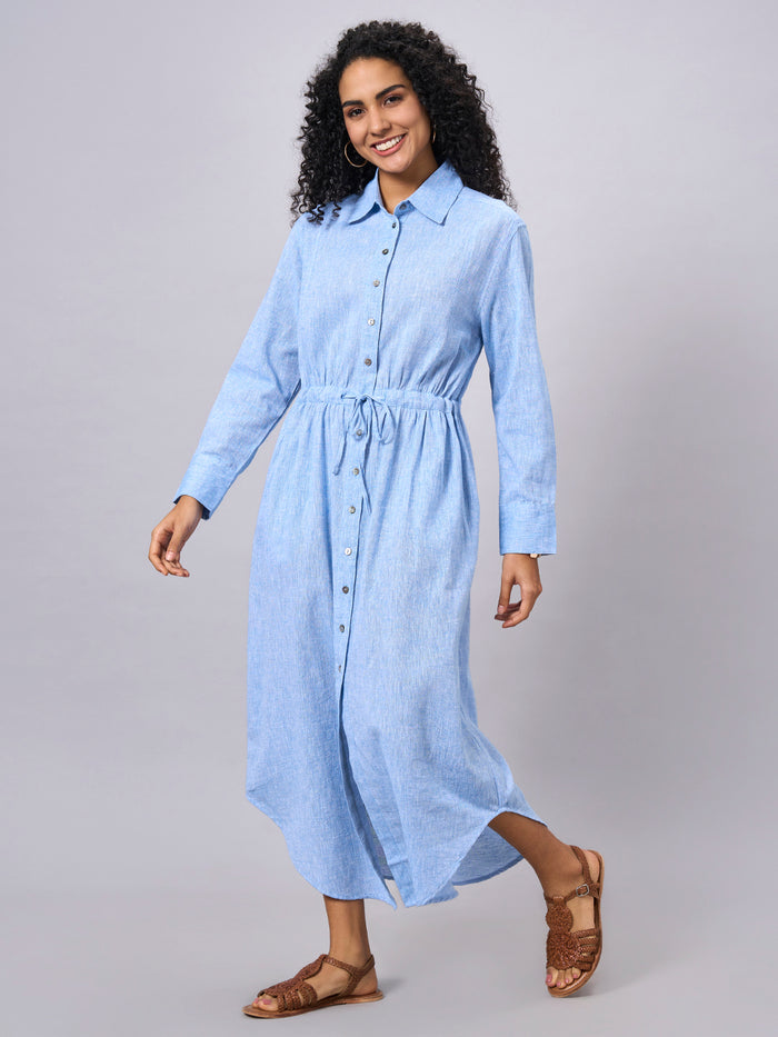 Women's Cotton Linen Regular Fit Dress Blue