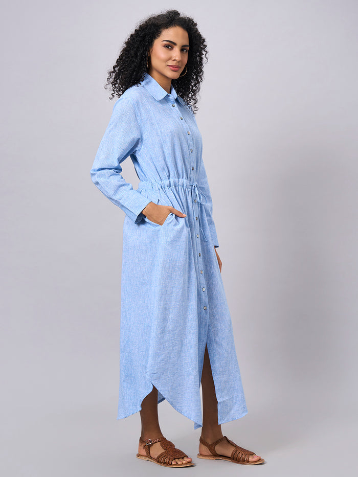 Women's Cotton Linen Regular Fit Dress Blue