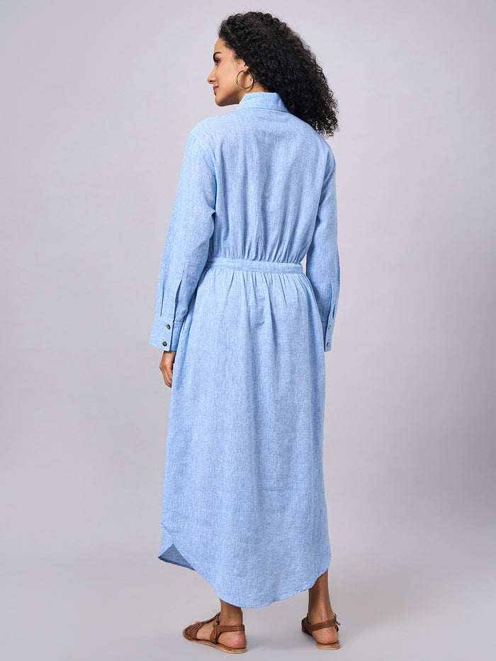 Women's Cotton Linen Regular Fit Dress Blue