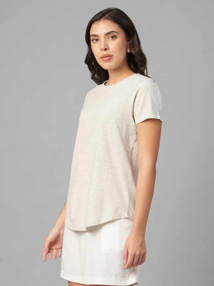Women's Ecru Melan 100% Cotton Regular Fit Tshirt