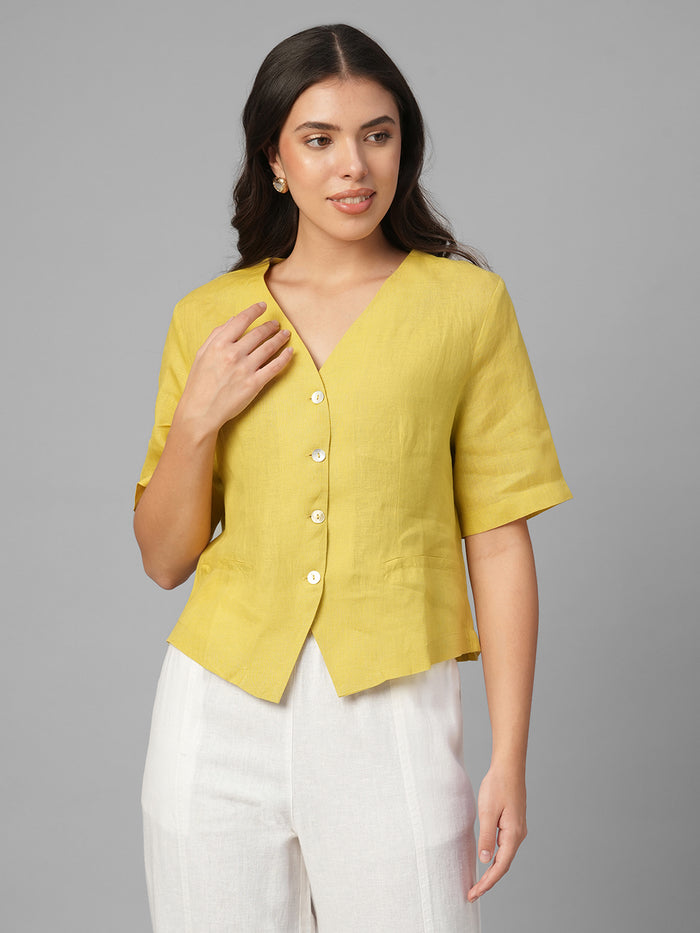 Women's Mustard 100% Linen Regular Fit Blouse