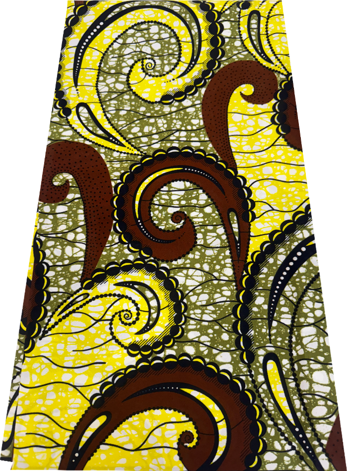 African print fabric with intricate yellow, brown, and beige patterns on a white background