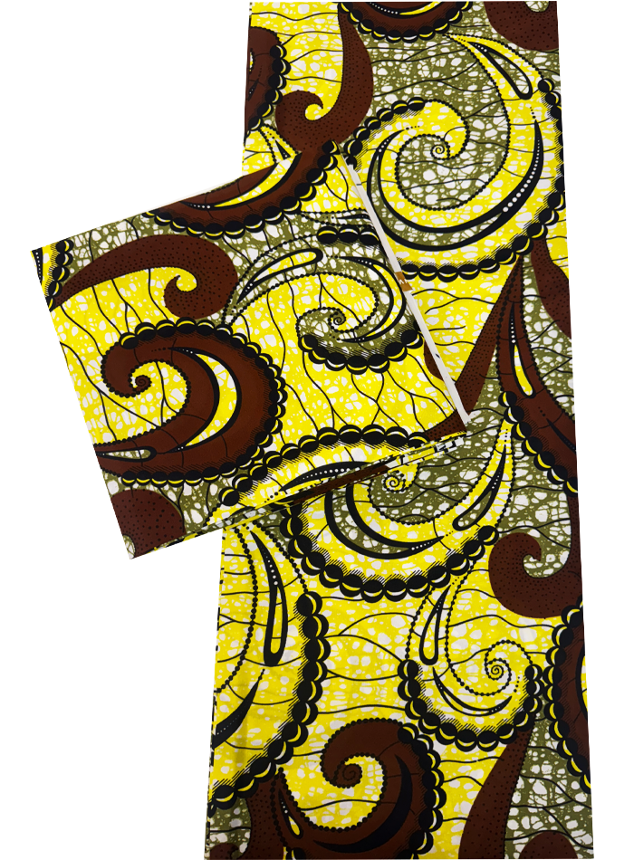 African print fabric with intricate brown and yellow pattern on a white background