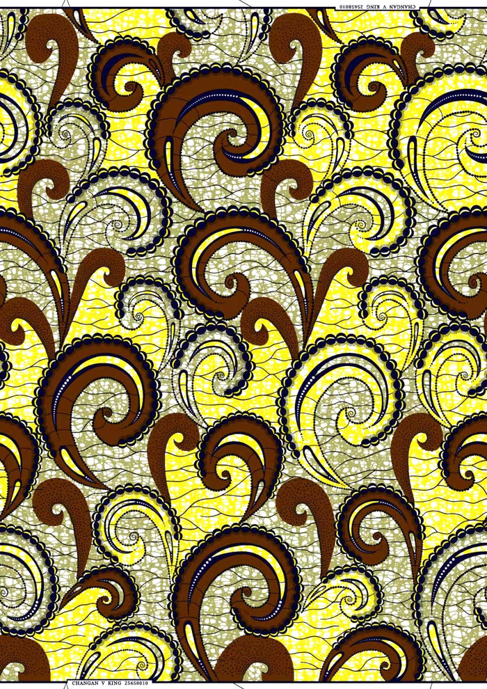 Yellow African Print Fabric - Polyester and Wax Prints Dark Brown, Black and White Olive