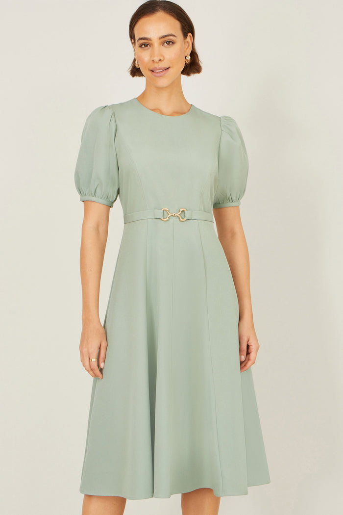 Mint Skater Dress With Puff Sleeves And Buckle Detail - Bascora