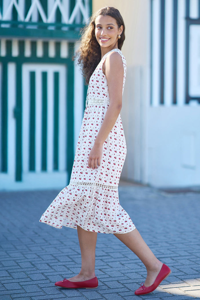 Yumi White Cherry Print Lace Trim Cotton Midi Dress - Bascora