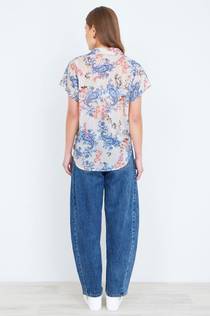 White Cotton Paisley Print Tie Knot Shirt - Bascora