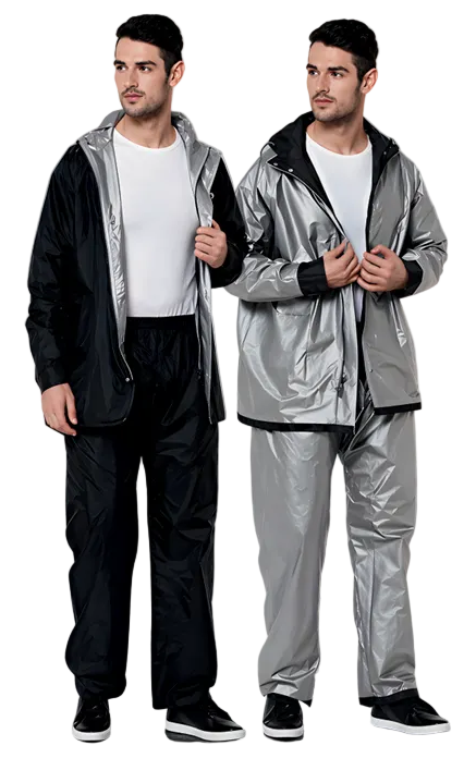 Two men wearing raincoats with product details on a gray background