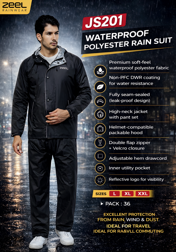 Zeel JS201 Waterproof Polyester Rain Suit for Men | Seam-Sealed Motorcycle Rainwear with Packable Hood | Lightweight Reflective Rainsuit