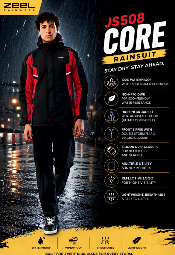 Zeel JS508 Core Waterproof Rain Suit for Men | High-Visibility Reflective Rainwear with Hood | Windproof Breathable Bike Riding Rainsuit