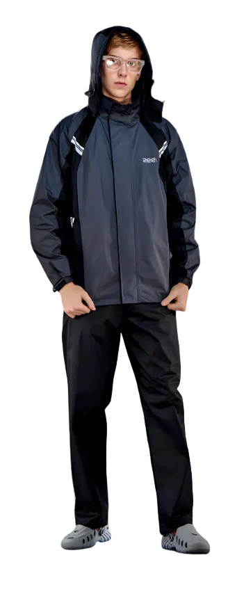 Person wearing a rain suit on a rainy street with product details on a black background
