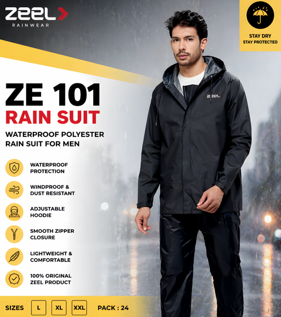 Zeel ZE 101 Waterproof Polyester Rain Suit for Men with Hood | Windproof, Dust Resistant & Lightweight Rainwear