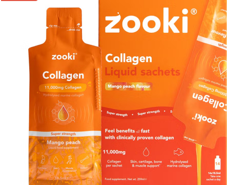 Zooki Super Strength Marine Collagen 11000mg Mango Peach Flavor Liquid Sachets 18.5ml, Pack of 14's Zooki